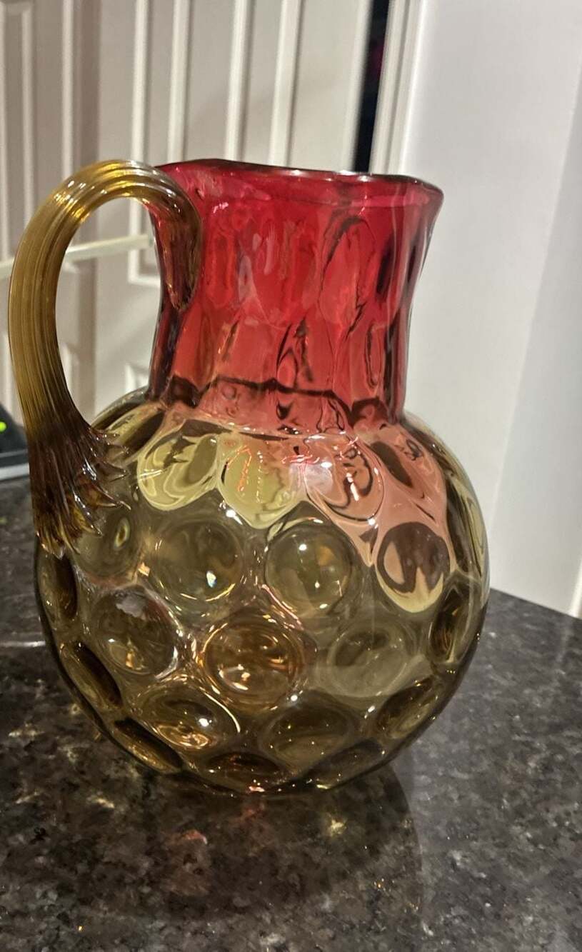 Vtg Victorian Amberina Glass Pitcher w/ Inverted Thumbprint Pattern A634